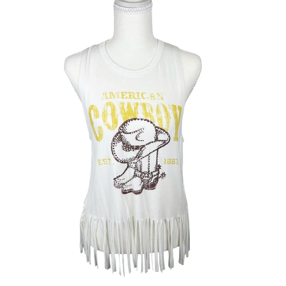 Liberty Wear American Cowboy Tank Top Women Medium White Embellished Fringe Hem